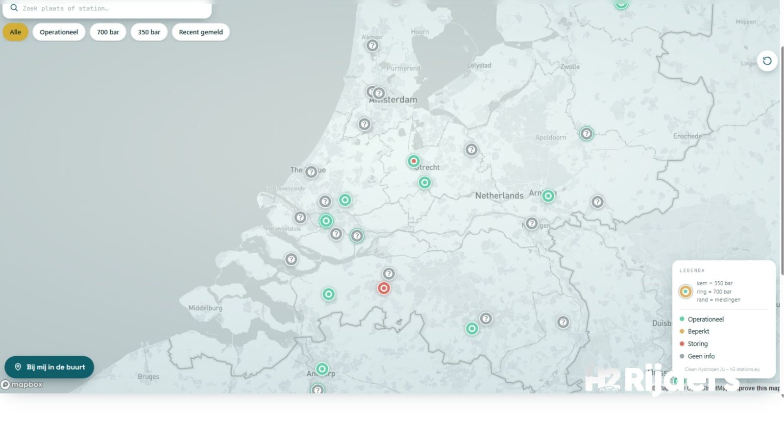 Neu auf der Netzkarte von H2Rijders: Status von 350 und 700 bar auf einen Blick